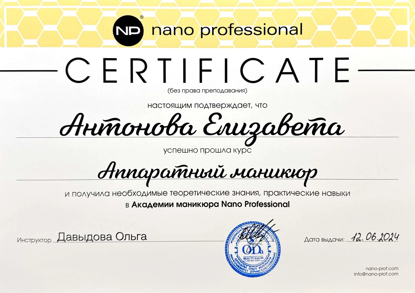 Сертификат Елизаветы Антоновой по аппаратному маникюру, 2024 год